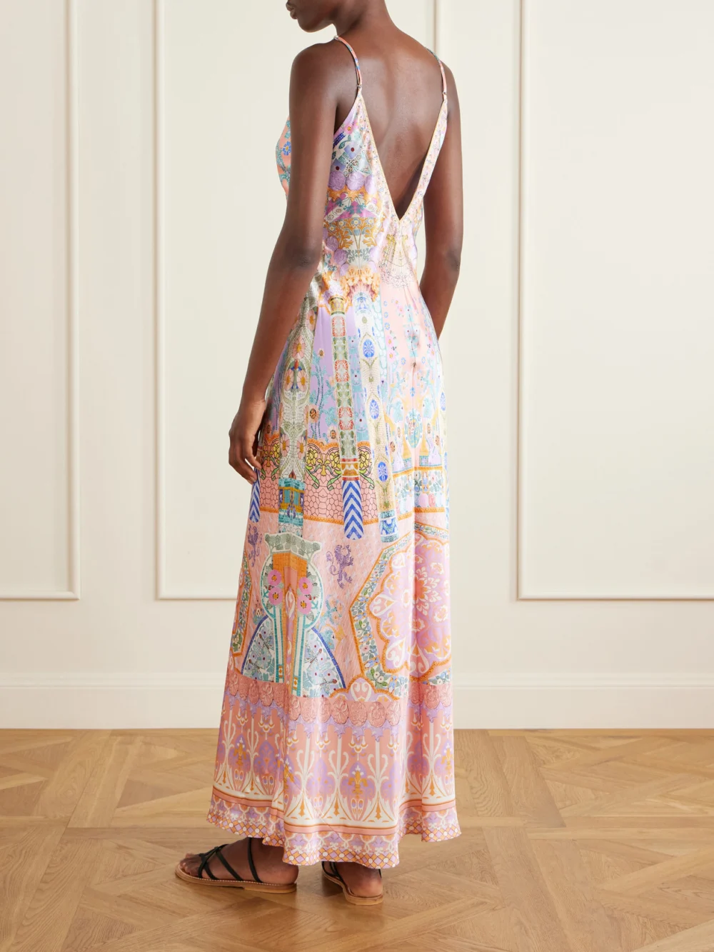 Back view of the Camilla Printed Silk-satin Maxi Dress