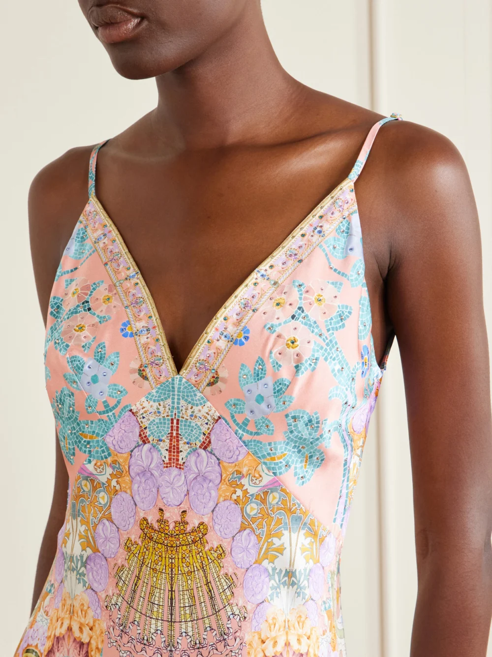 Close-up detail of the Camilla Printed Silk-satin Maxi Dress