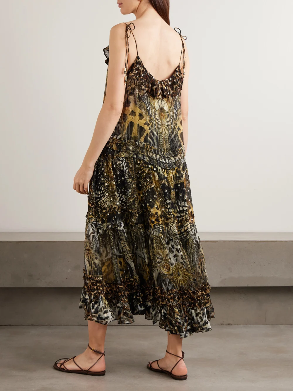Back view of the Camilla Ruffled Tiered Leopard-print Embellished Fil Coupé Midi Dress