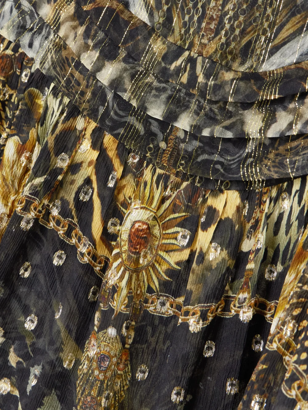 Close-up detail of the Camilla Ruffled Tiered Leopard-print Embellished Fil Coupé Midi Dress