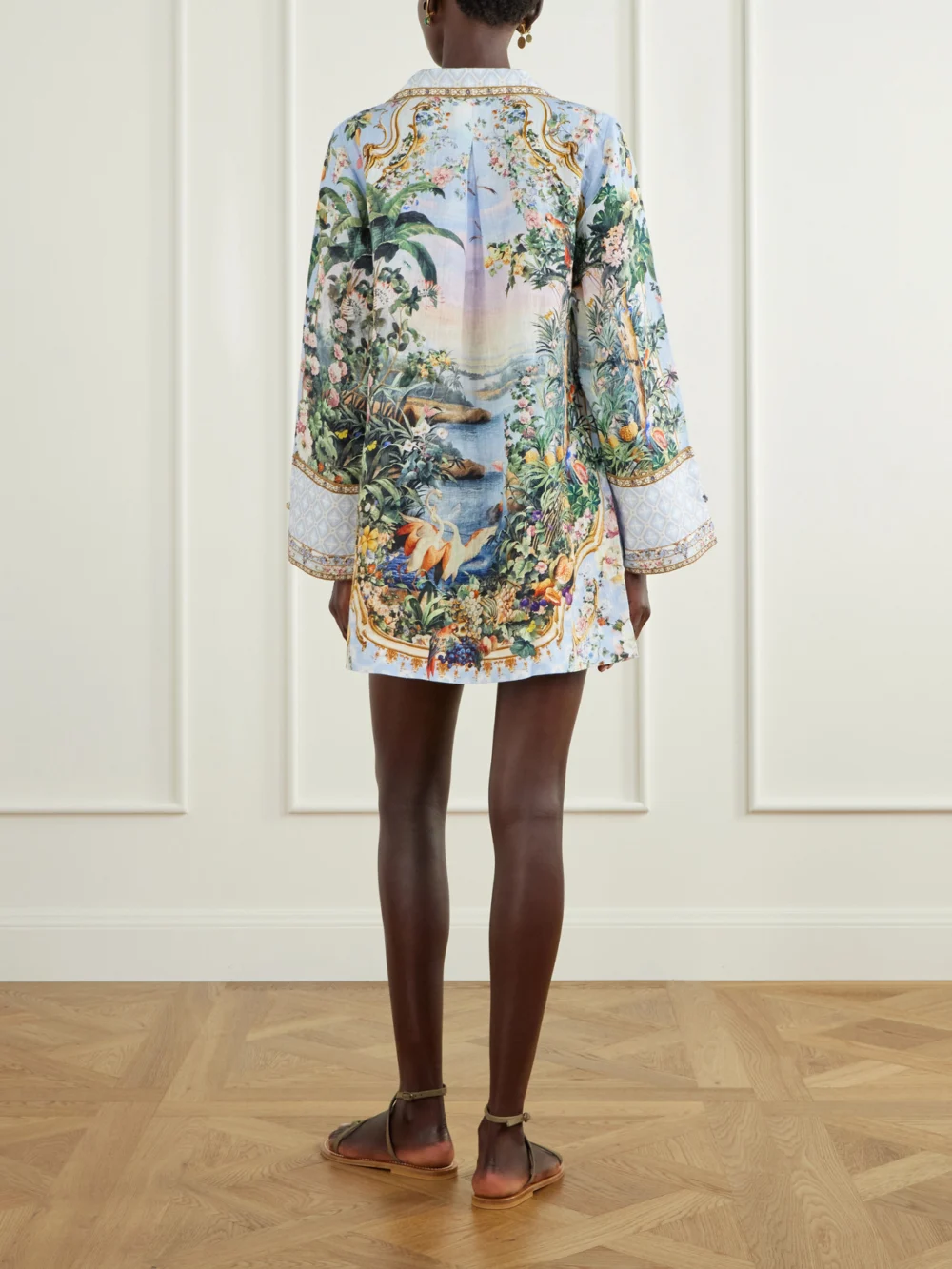 Back view of the Camilla Sisi Society Crystal-embellished Printed Linen Mini Dress