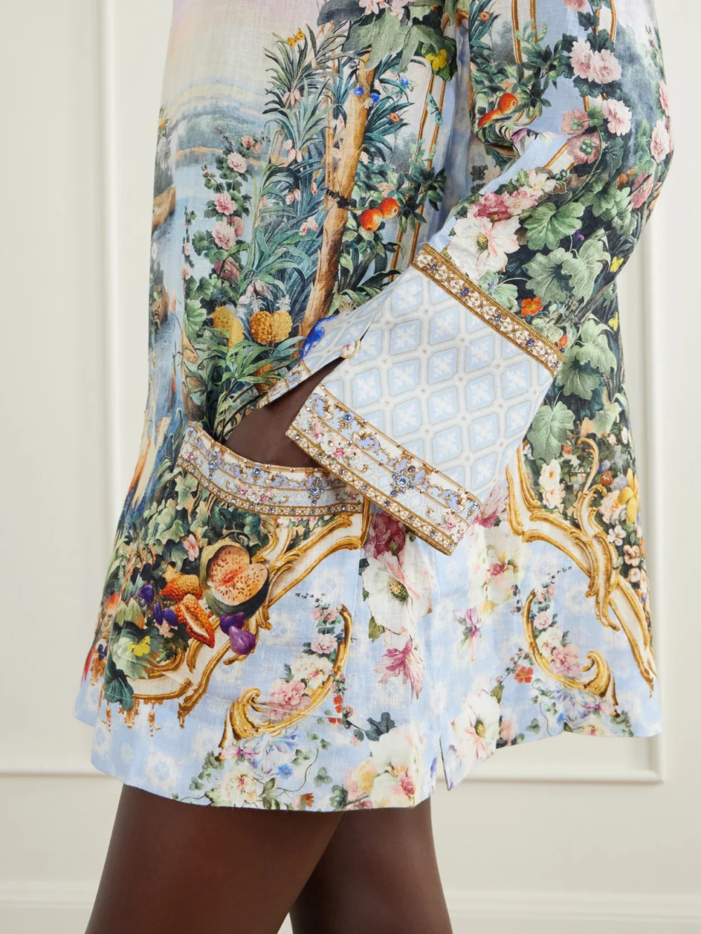 Close-up detail of the Camilla Sisi Society Crystal-embellished Printed Linen Mini Dress