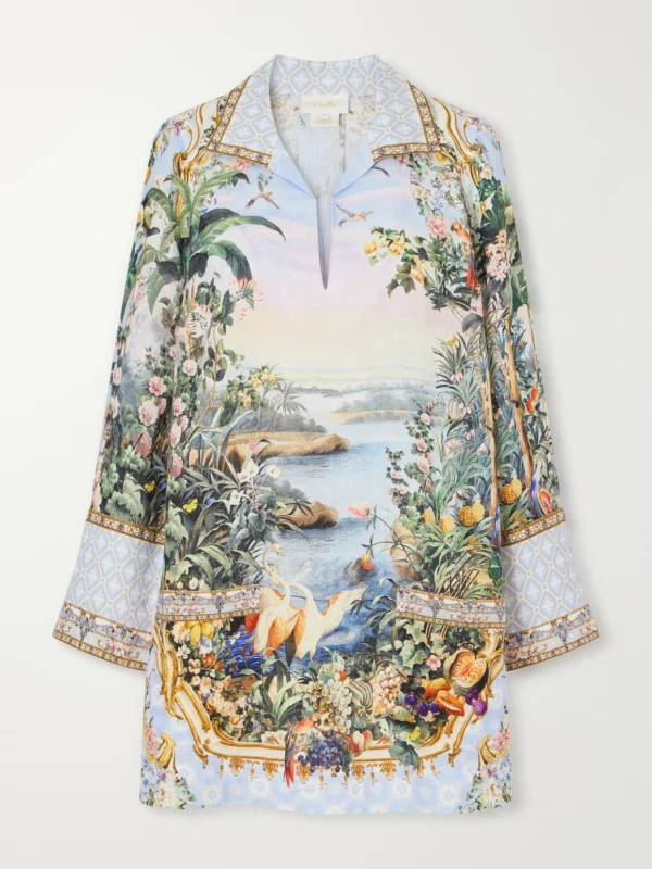 Camilla Sisi Society Crystal-embellished Printed Linen Mini Dress