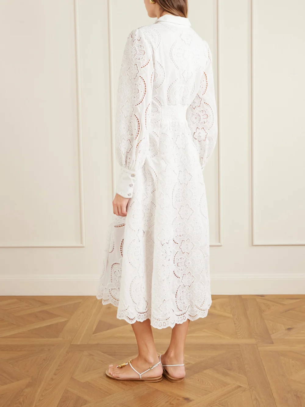 Back view of the Camilla Tie-detailed Broderie Anglaise Cotton Midi Shirt Dress
