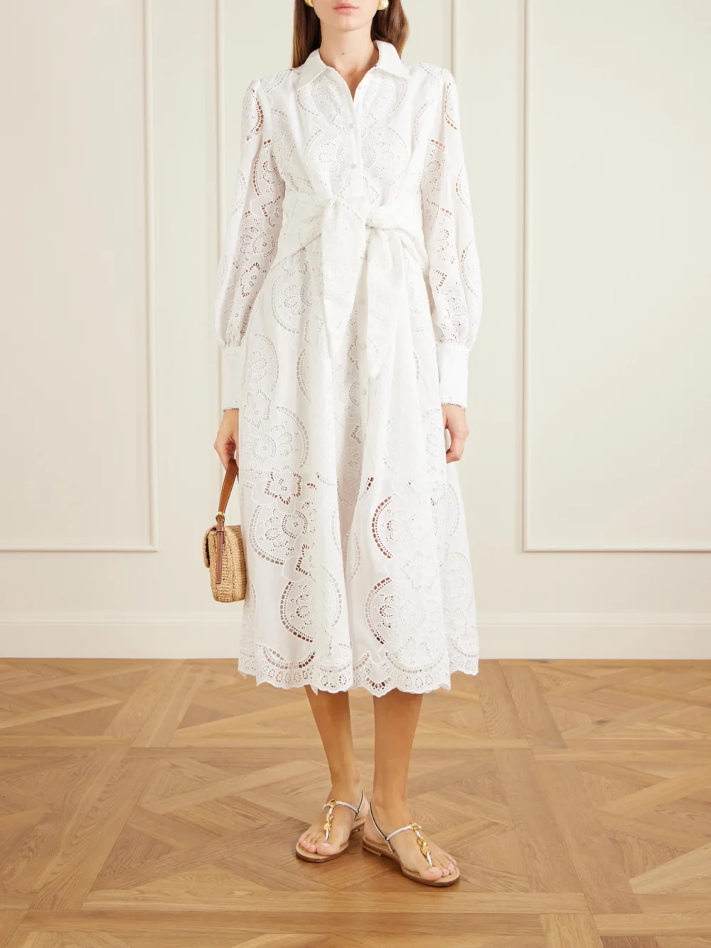 Camilla Tie-detailed Broderie Anglaise Cotton Midi Shirt Dress, worn by a model