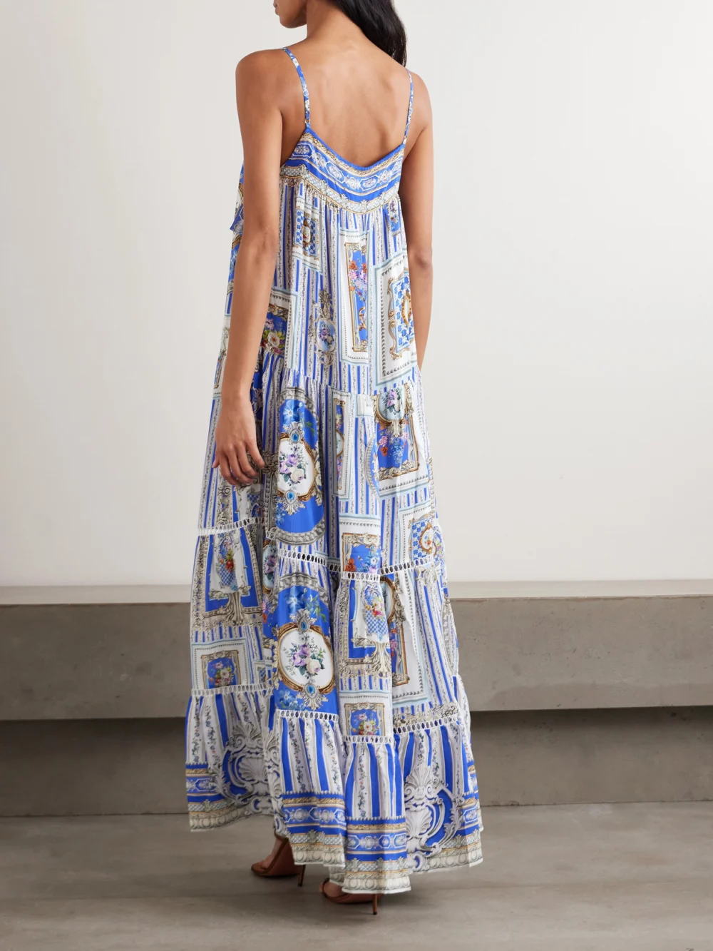 Back view of the Camilla Tie-detailed Lace-trimmed Tiered Printed Silk-satin Maxi Dress