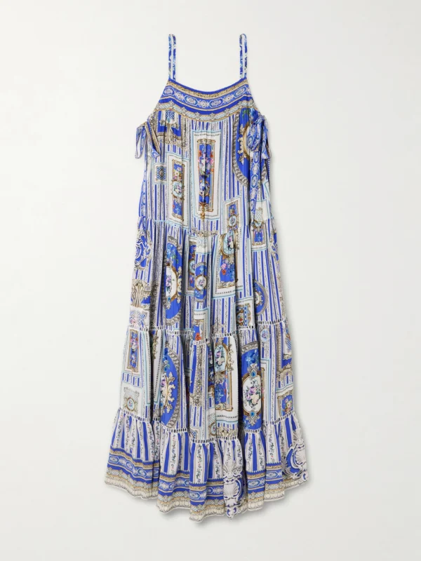 Camilla Tie-detailed Lace-trimmed Tiered Printed Silk-satin Maxi Dress