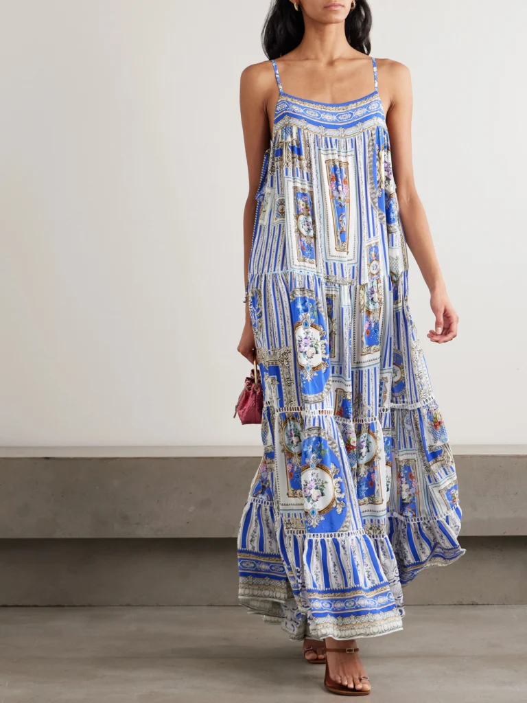 Camilla Tie-detailed Lace-trimmed Tiered Printed Silk-satin Maxi Dress