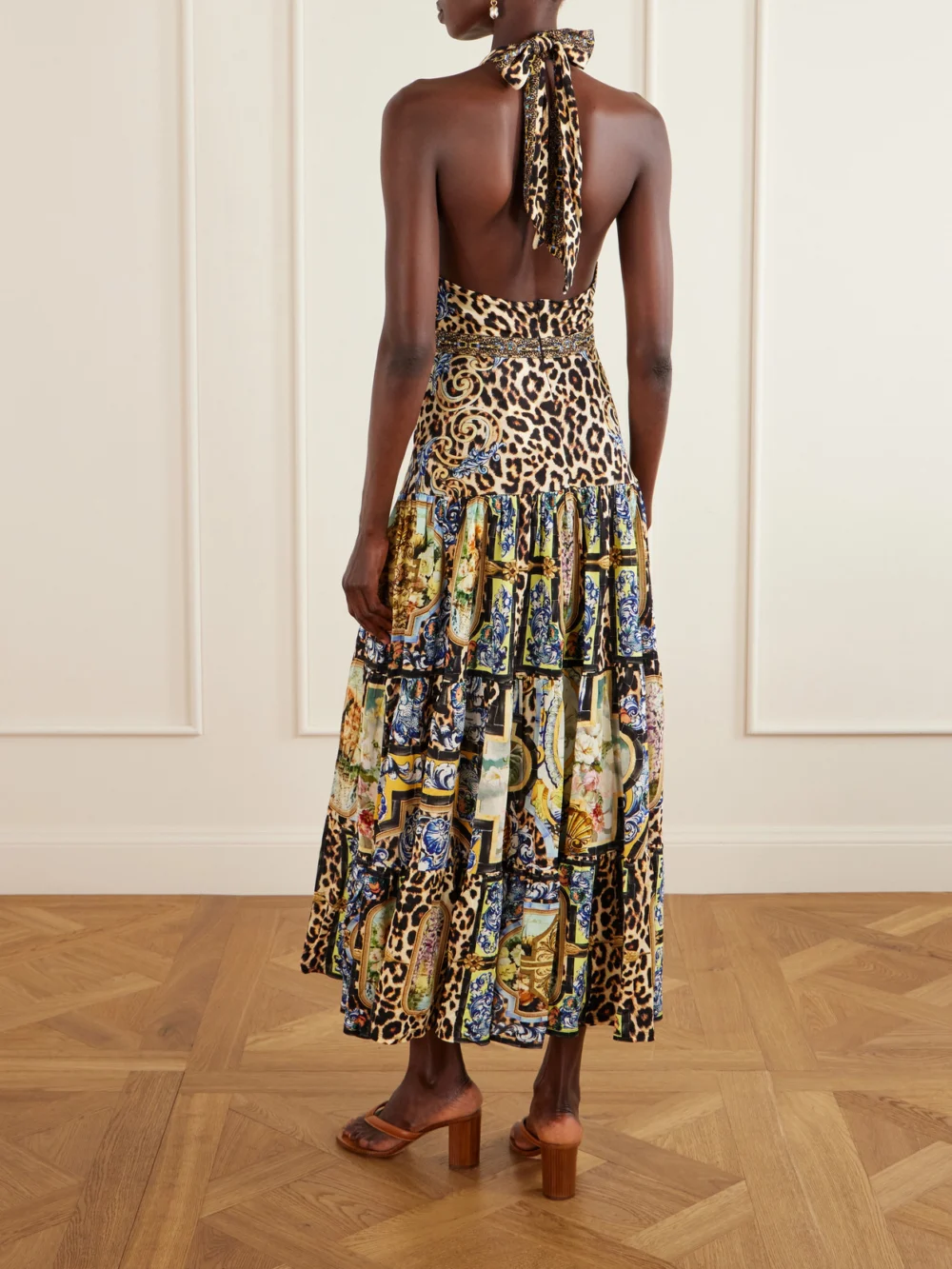 Back view of the Camilla Tiered Crystal-embellished Printed Jersey Maxi Dress