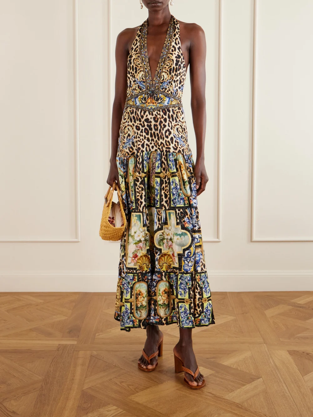 Camilla Tiered Crystal-embellished Printed Jersey Maxi Dress, worn by a model