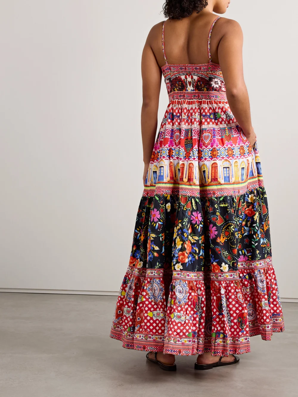 Back view of the Camilla Tiered Crystal-embellished Printed Organic Cotton-poplin Maxi Dress