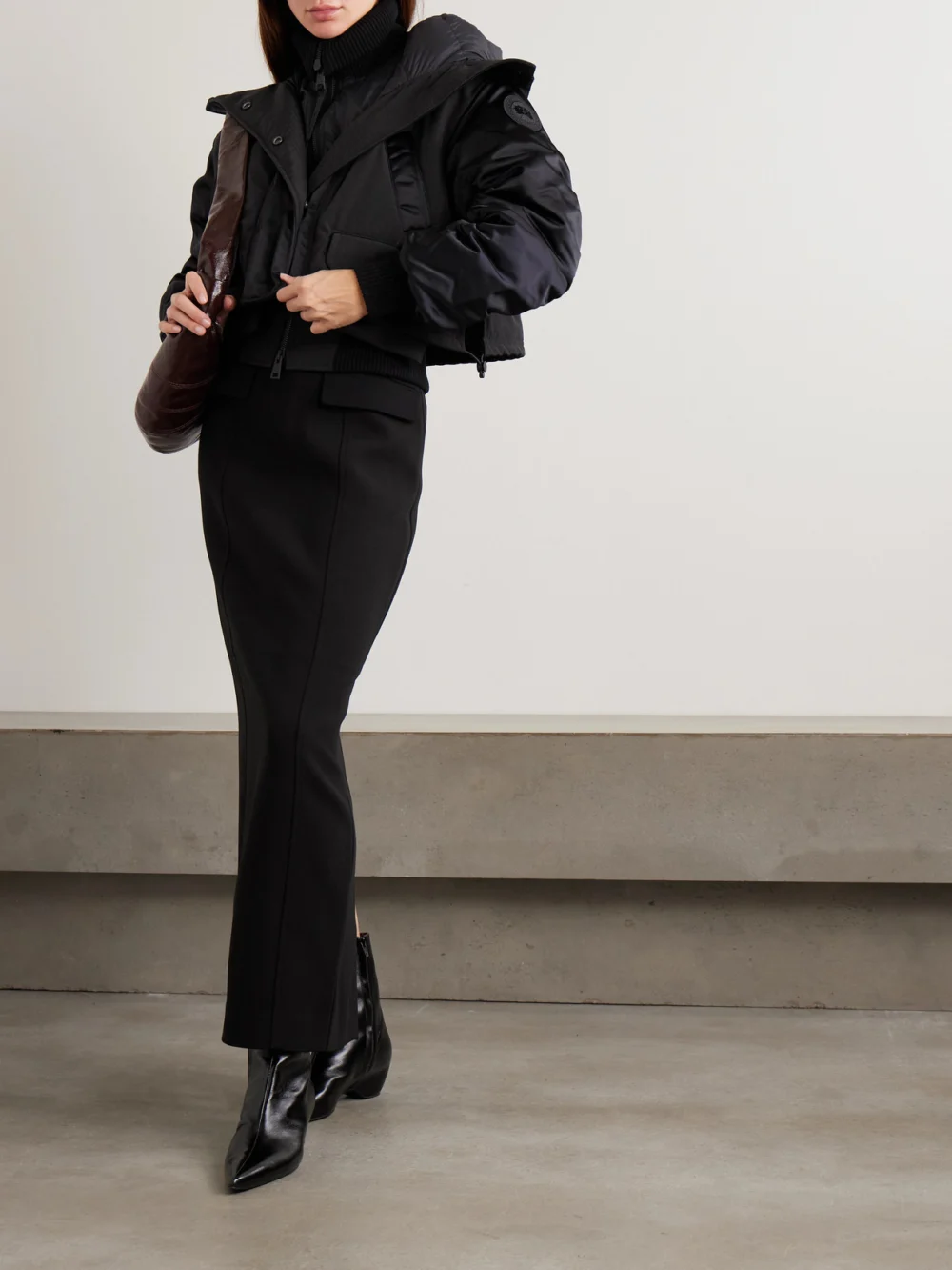Canada Goose Claremont Oversized Cropped Layered Satin and Shell Bomber Jacket, worn by a model