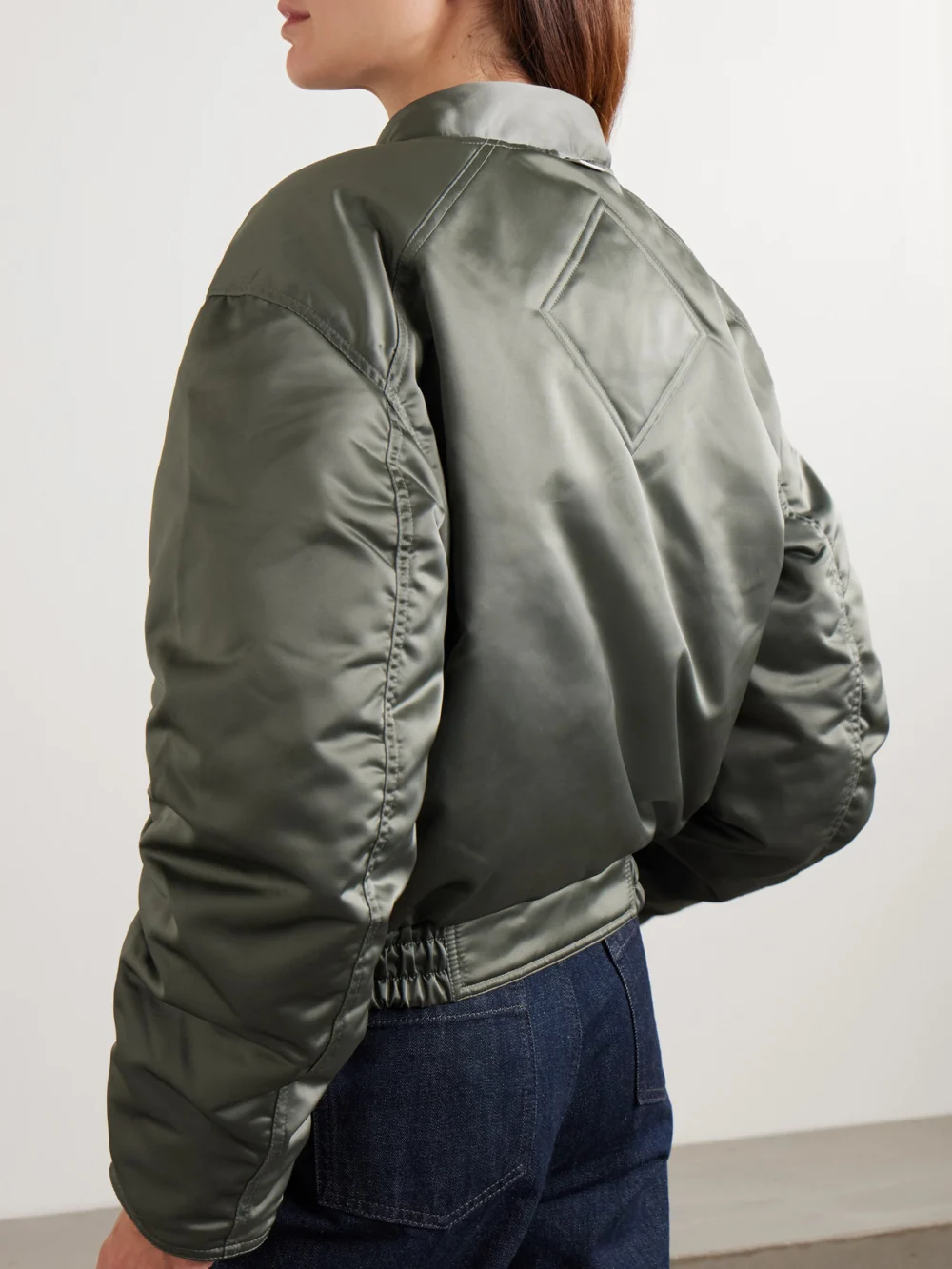 Back view of the Canada Goose Jade Appliquéd Ruched Padded Satin Bomber Jacket