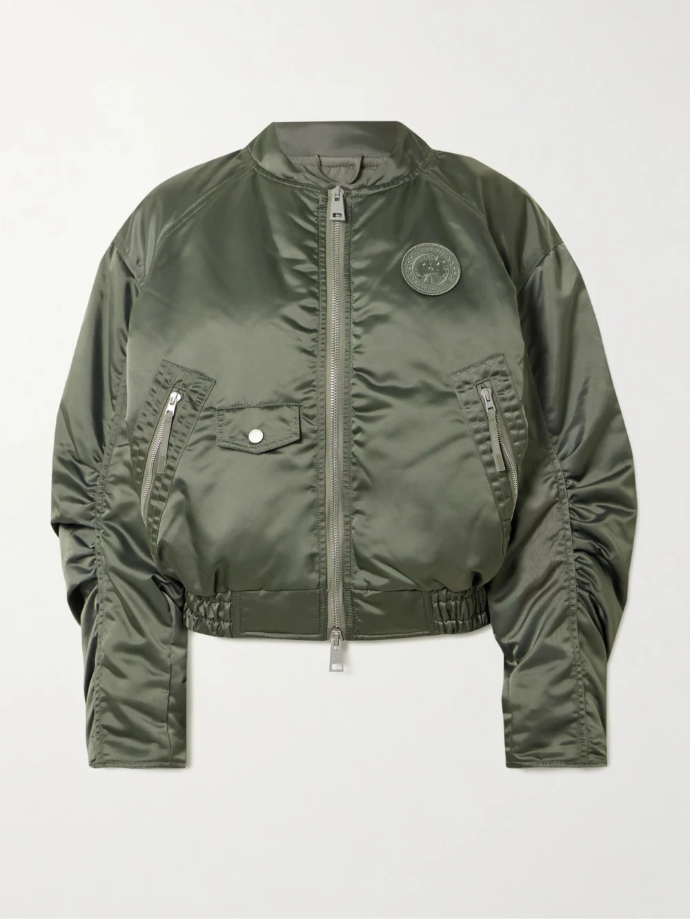 Canada Goose Jade Appliquéd Ruched Padded Satin Bomber Jacket in green