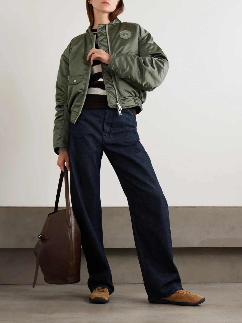 Canada Goose Jade Appliquéd Ruched Padded Satin Bomber Jacket, worn by a model