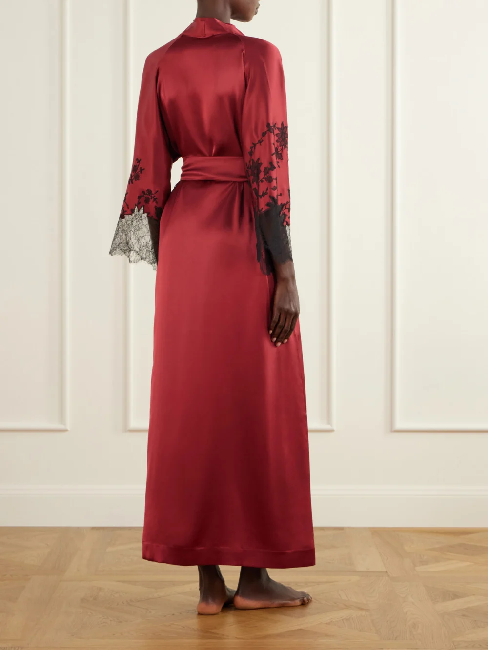 Back view of the Carine Gilson Belted Lace-embroidered Silk-satin Robe