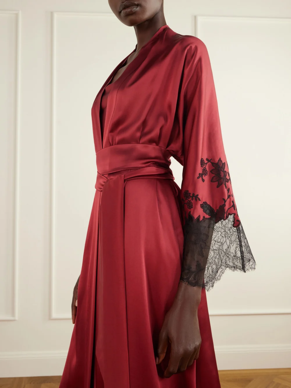 Close-up detail of the Carine Gilson Belted Lace-embroidered Silk-satin Robe