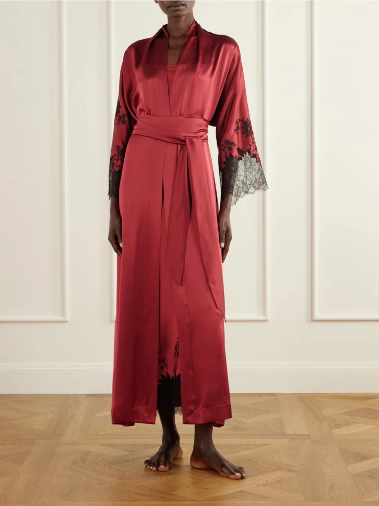 Carine Gilson Belted Lace-embroidered Silk-satin Robe