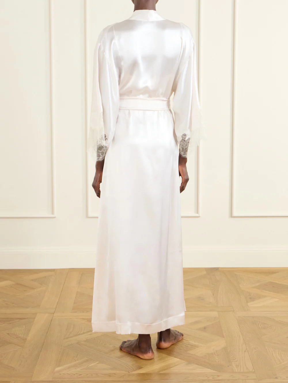 Back view of the Carine Gilson Belted Lace-trimmed Silk-satin Robe