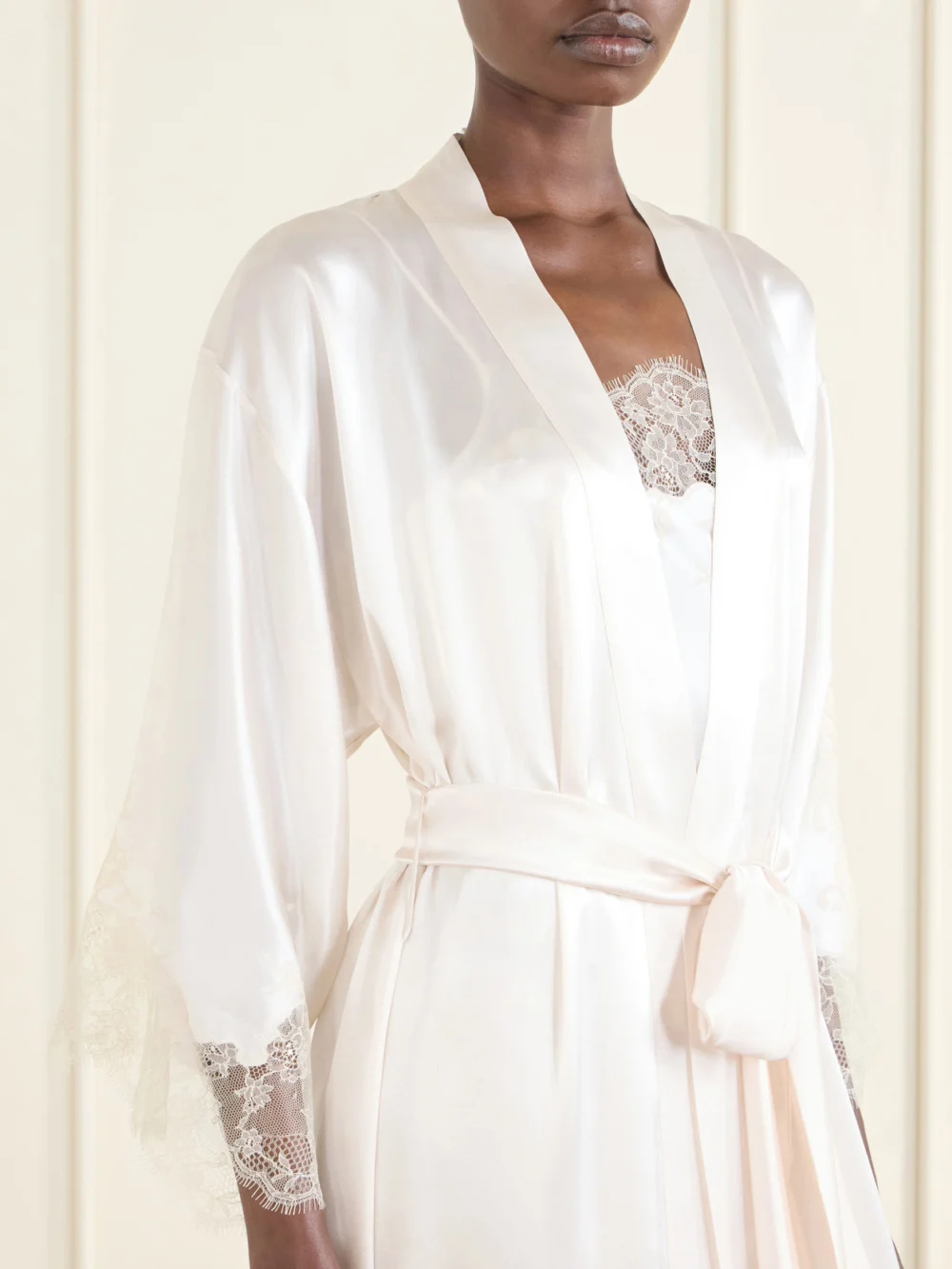 Close-up detail of the Carine Gilson Belted Lace-trimmed Silk-satin Robe