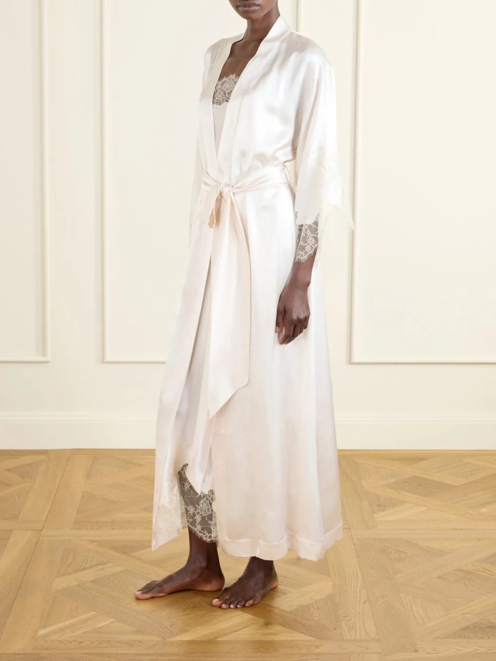 Carine Gilson Belted Lace-trimmed Silk-satin Robe, worn by a model