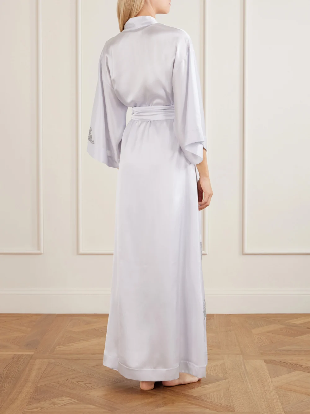 Back view of the Carine Gilson Lace-appliqué Silk-satin Robe