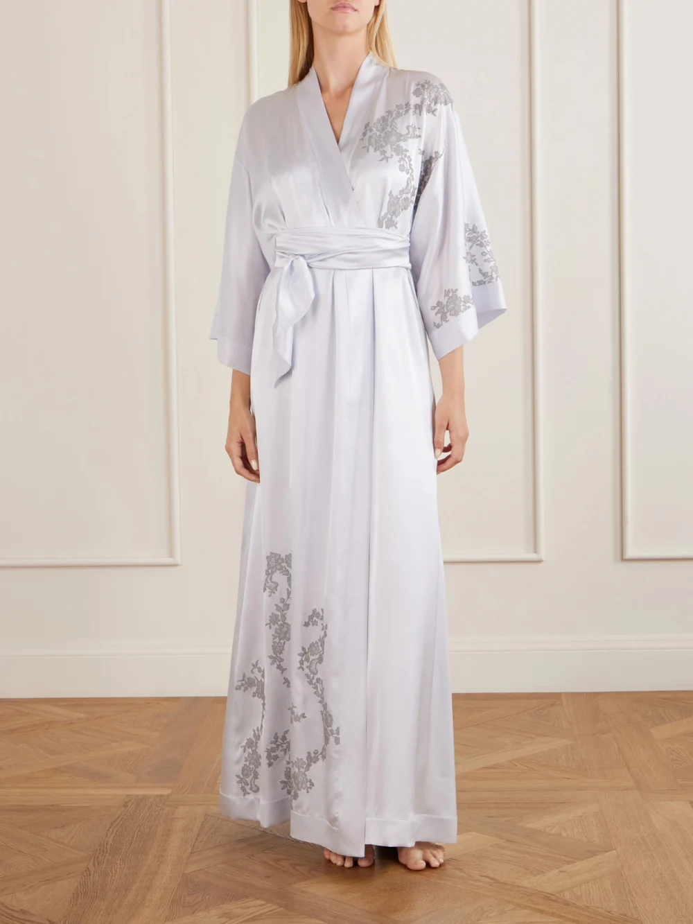 Carine Gilson Lace-appliqué Silk-satin Robe, worn by a model