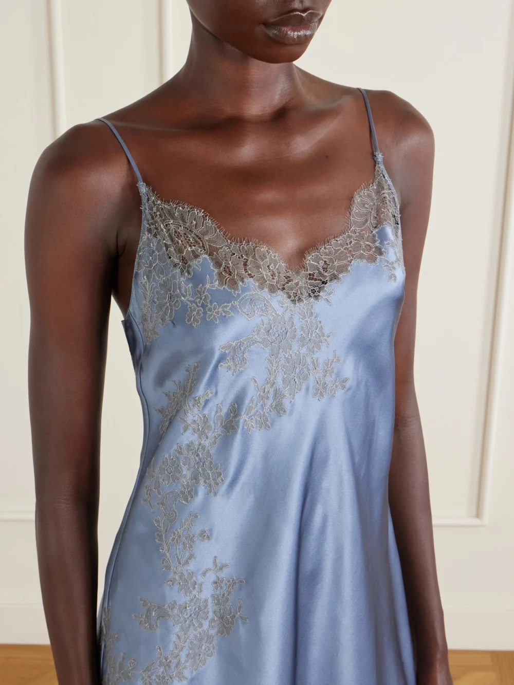 Close-up detail of the Carine Gilson Lace-embroidered Silk-satin Mini Dress