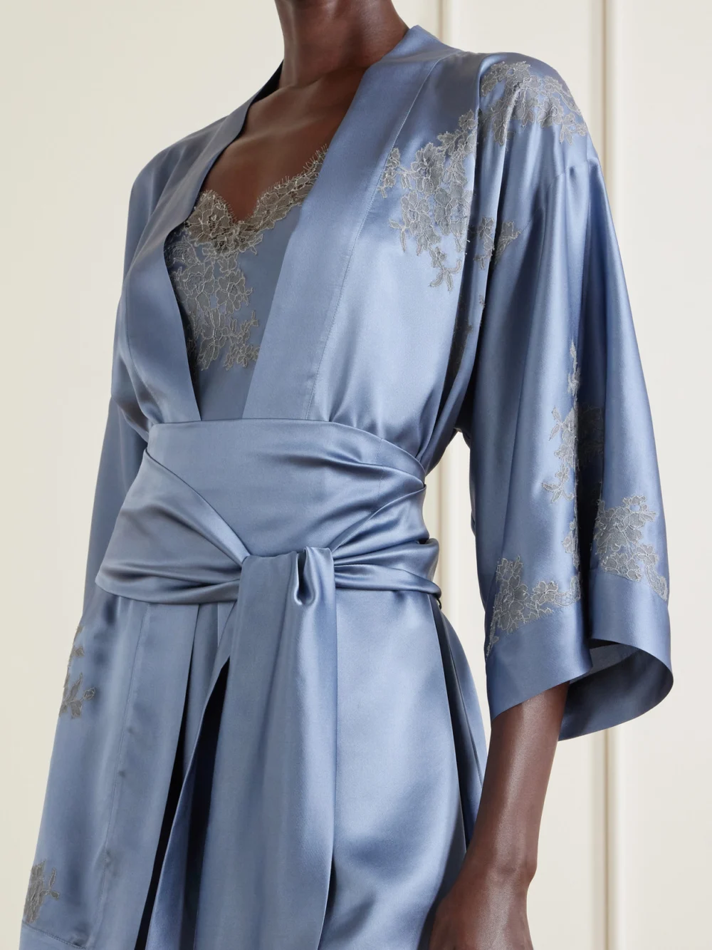 Close-up detail of the Carine Gilson Lace-embroidered Silk-satin Robe