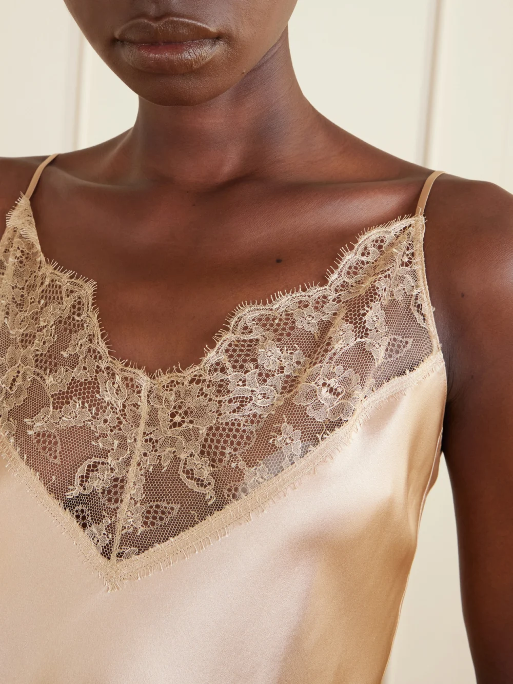 Close-up detail of the Carine Gilson Lace-trimmed Silk-satin Camisole