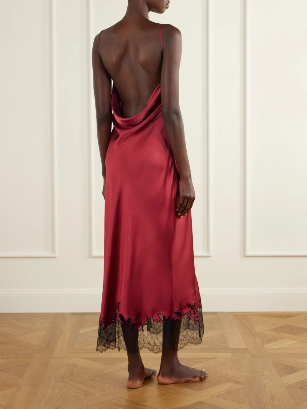 Back view of the Carine Gilson Lace-trimmed Silk-satin Maxi Dress