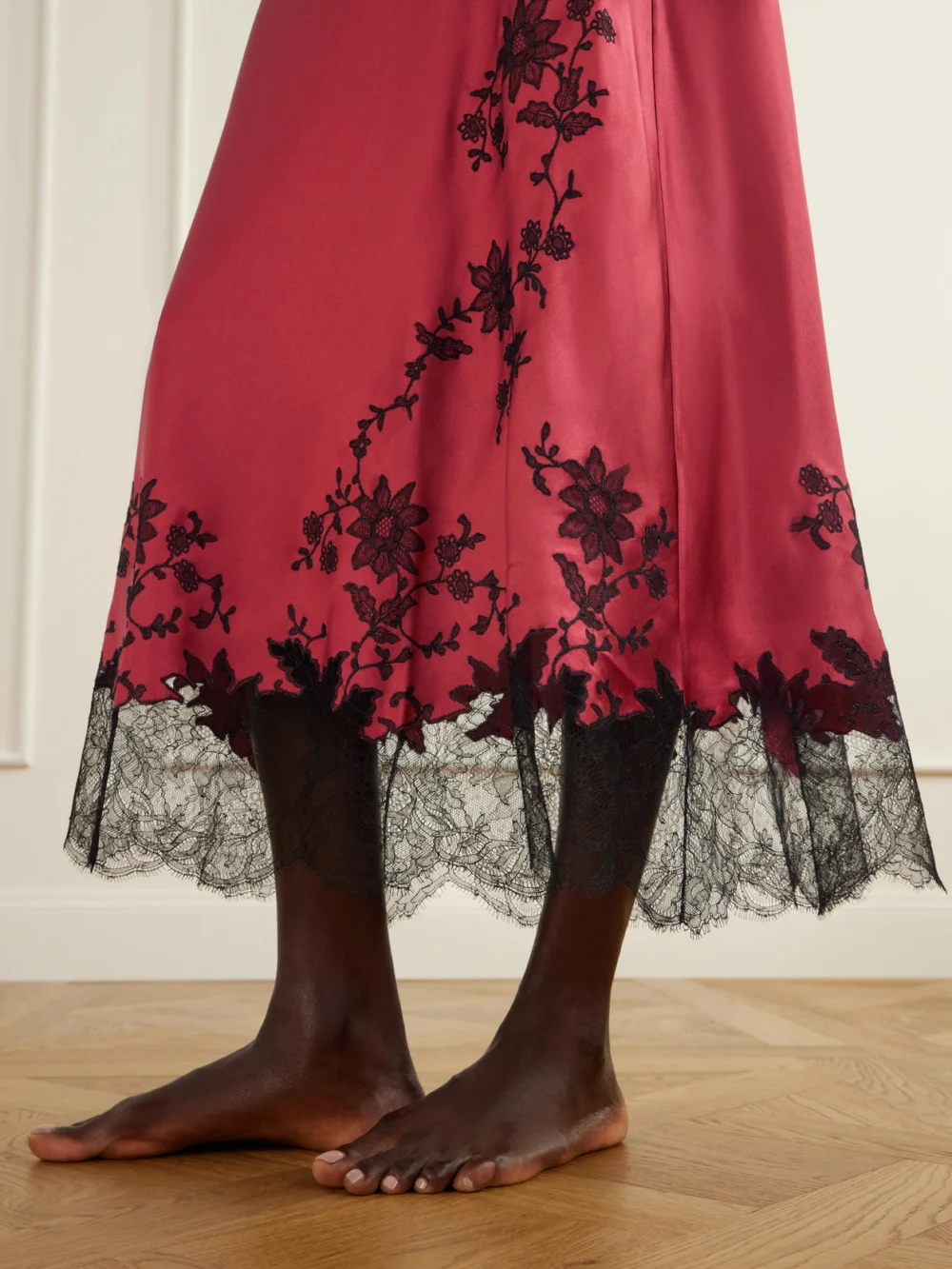 Close-up detail of the Carine Gilson Lace-trimmed Silk-satin Maxi Dress