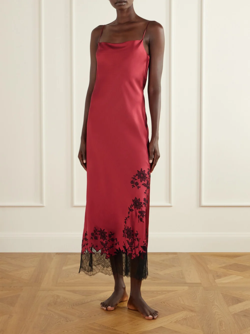 Carine Gilson Lace-trimmed Silk-satin Maxi Dress, worn by a model