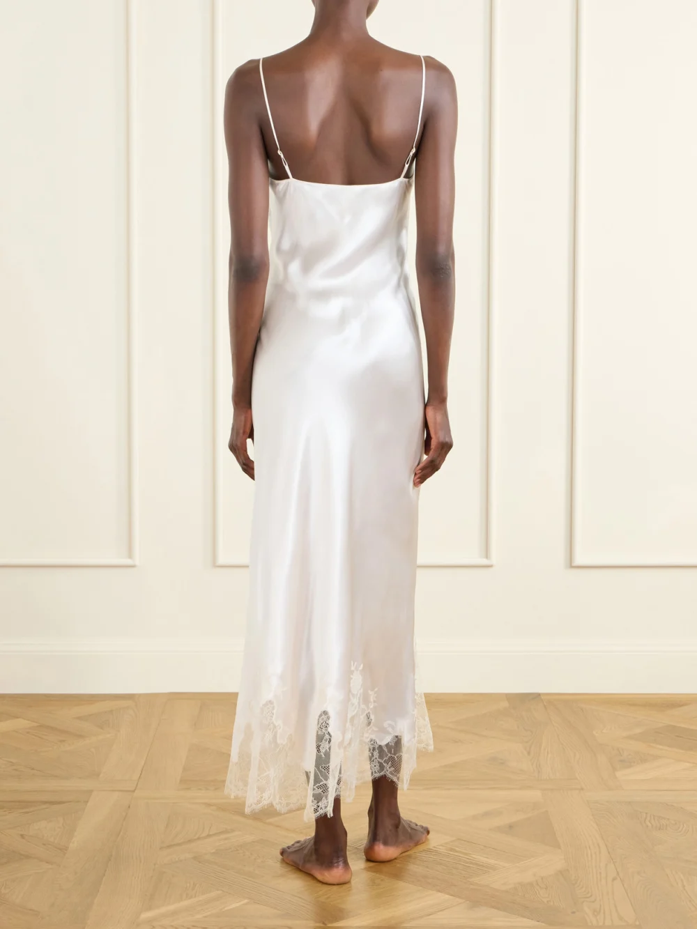 Back view of the Carine Gilson Lace-trimmed Silk-satin Midi Dress