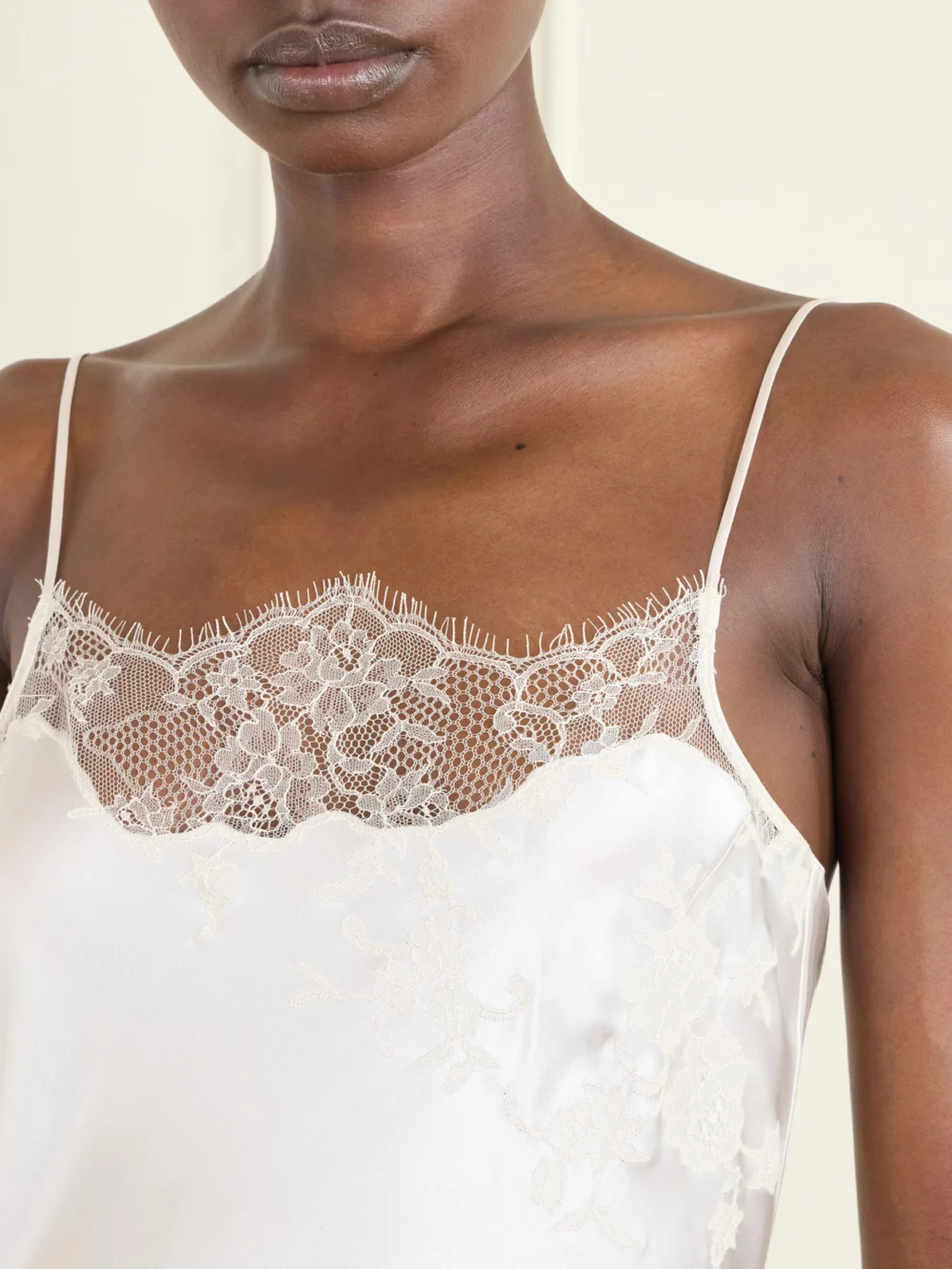 Close-up detail of the Carine Gilson Lace-trimmed Silk-satin Midi Dress