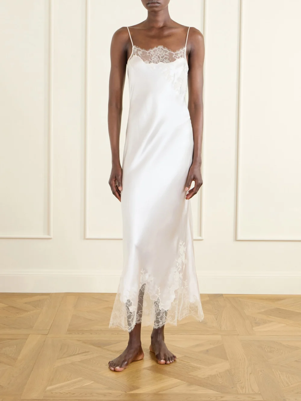 Carine Gilson Lace-trimmed Silk-satin Midi Dress, worn by a model