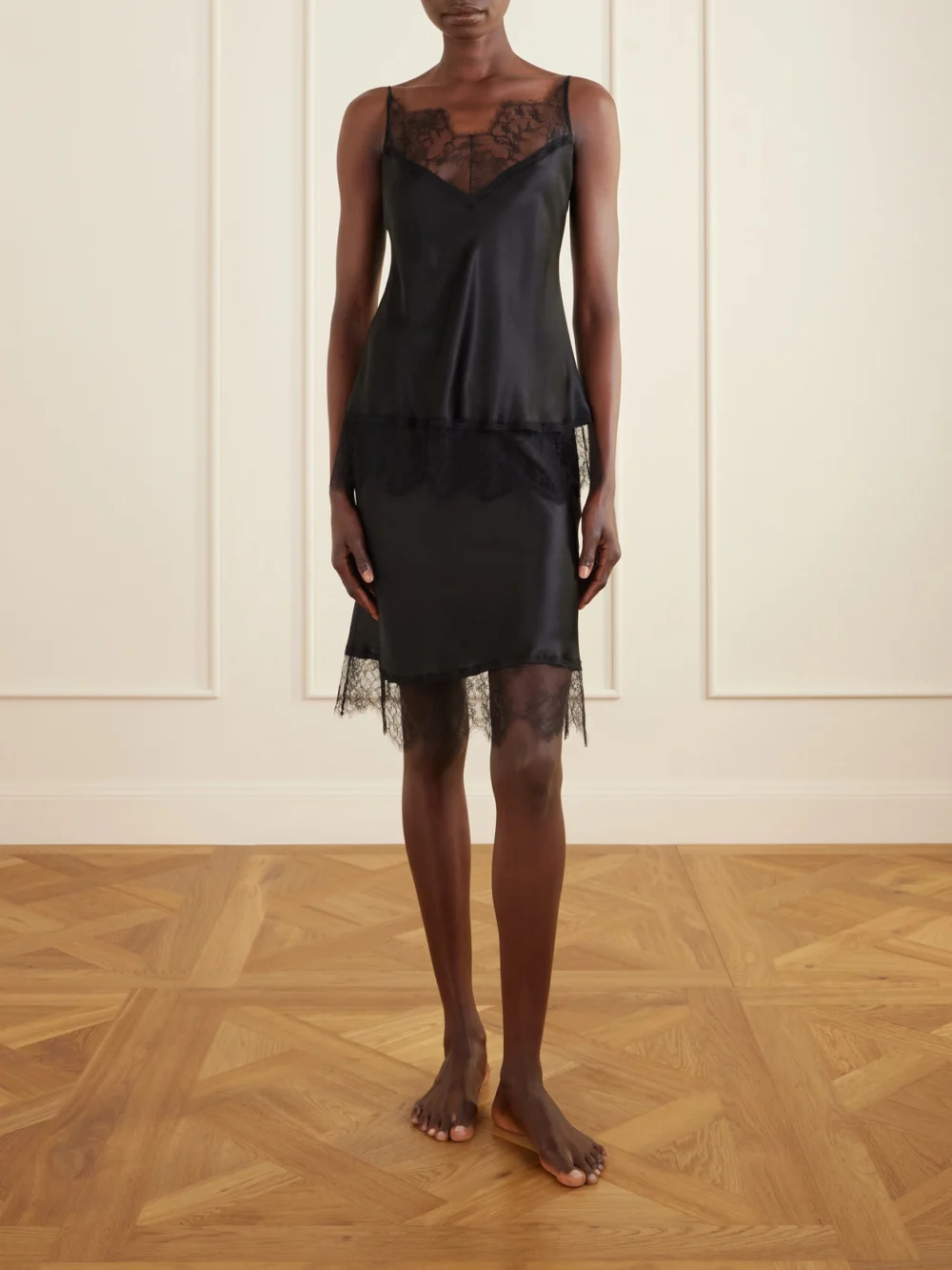 Carine Gilson Lace-trimmed Silk-satin Midi Skirt, worn by a model
