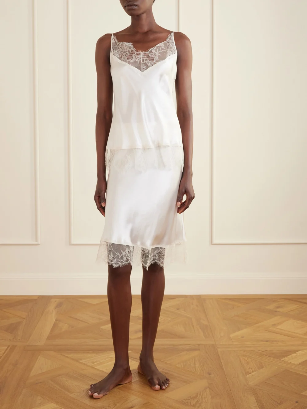 Carine Gilson Lace-trimmed Silk-satin Midi Skirt, worn by a model