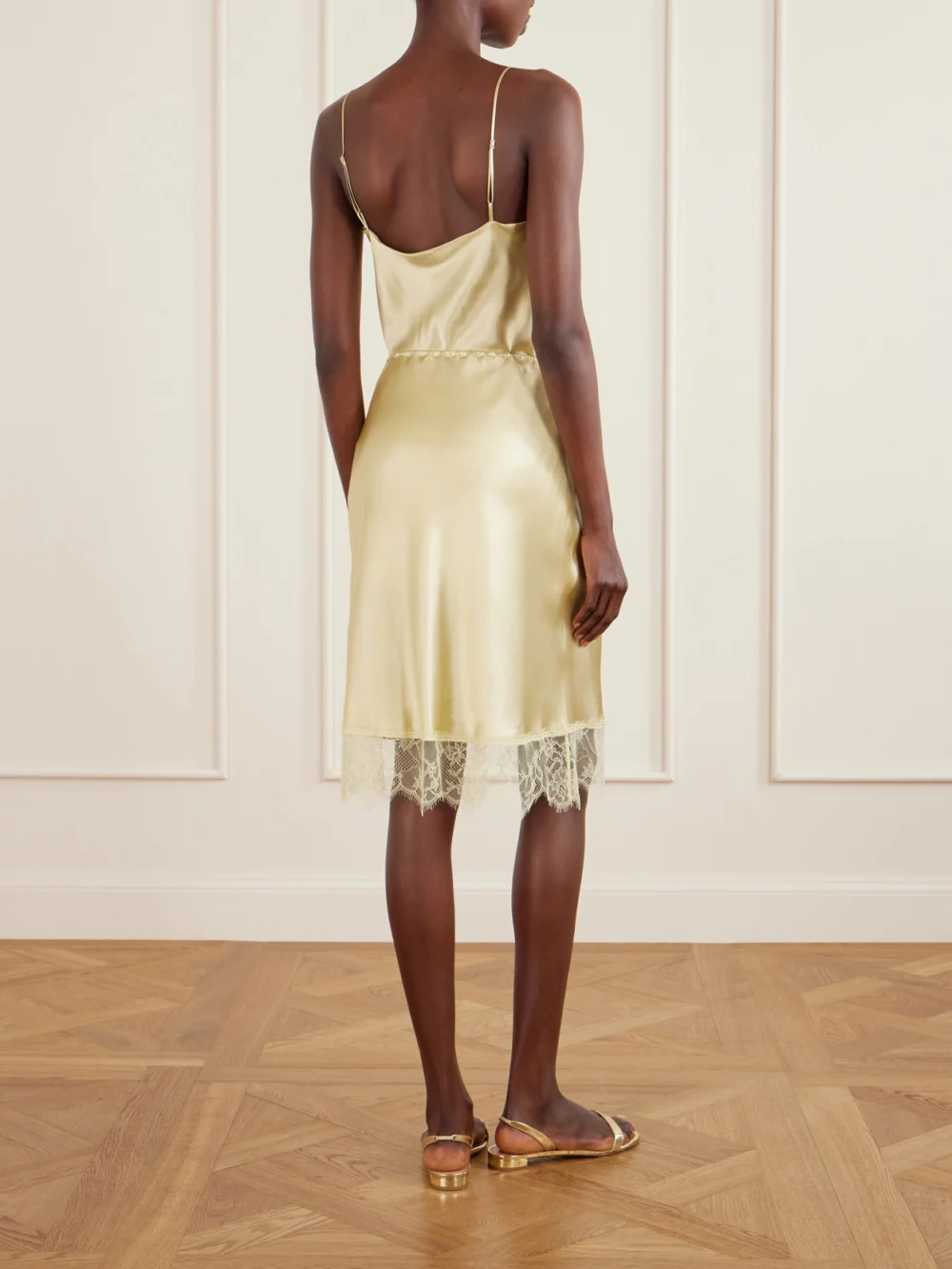 Back view of the Carine Gilson Lace-trimmed Silk-satin Midi Skirt