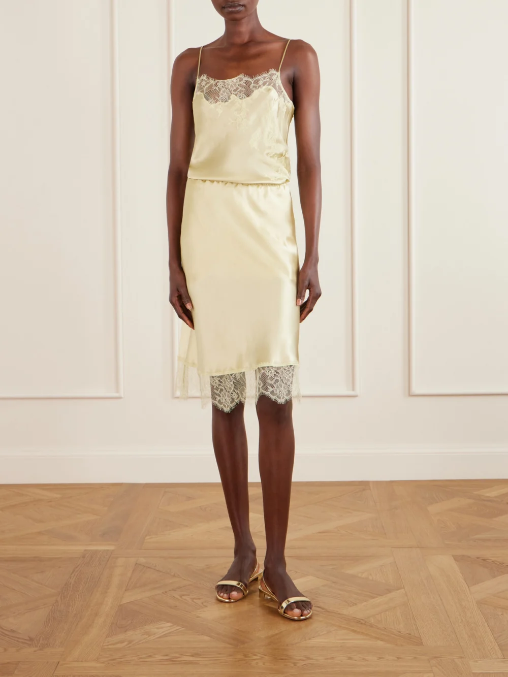 Carine Gilson Lace-trimmed Silk-satin Midi Skirt, worn by a model