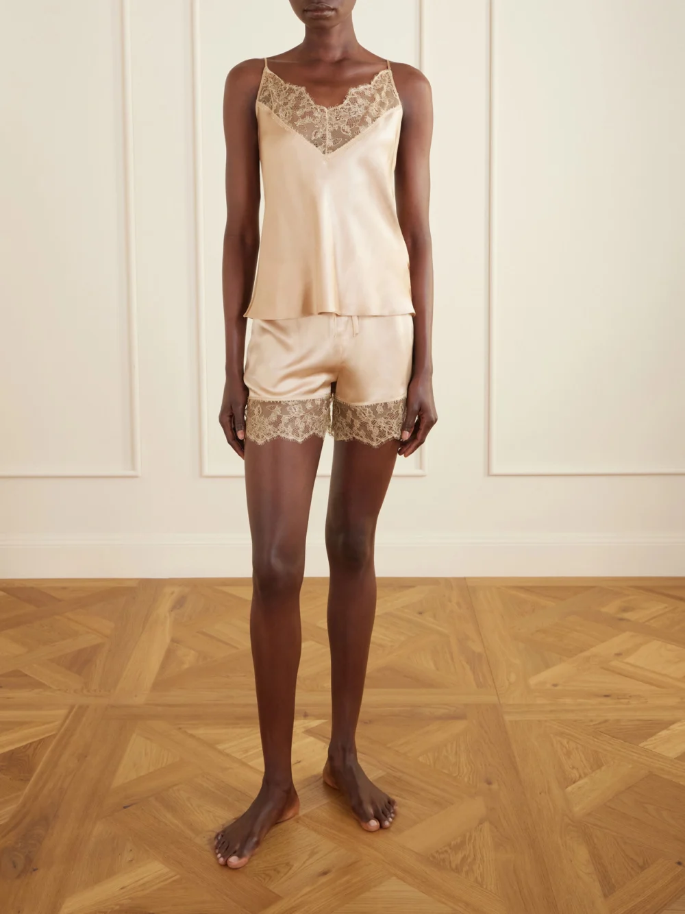 Carine Gilson Lace-trimmed Silk-satin Shorts, worn by a model