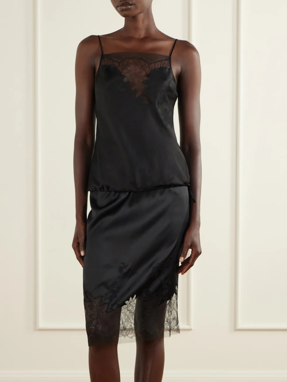 Carine Gilson Lace-trimmed Silk-satin Skirt, worn by a model