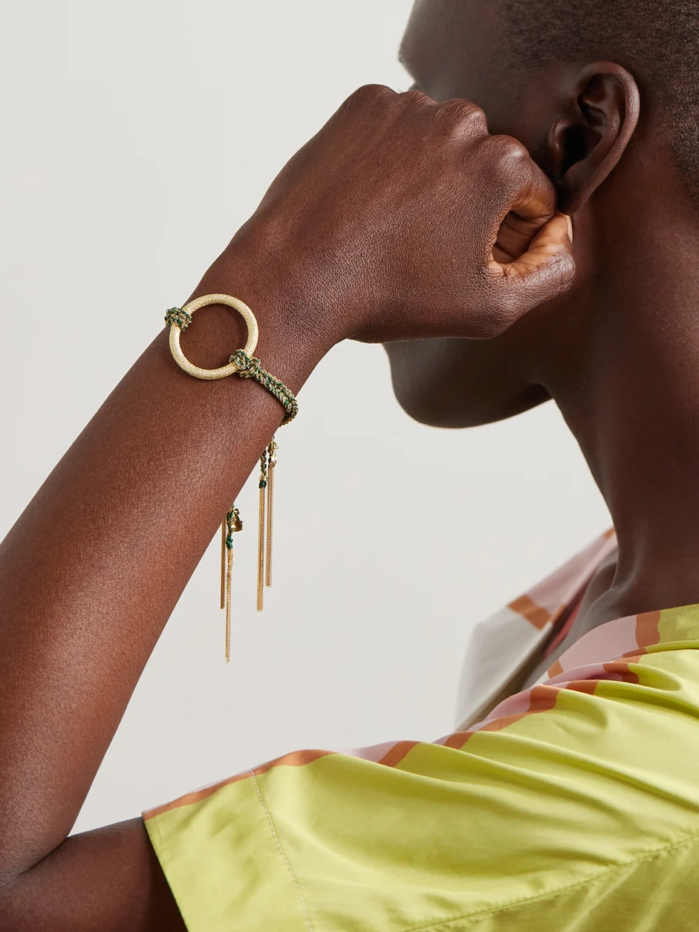 Carolina Bucci 1885 Links Lucky Fortune + Ladybug 18-karat Gold and Silk Bracelet, styled view