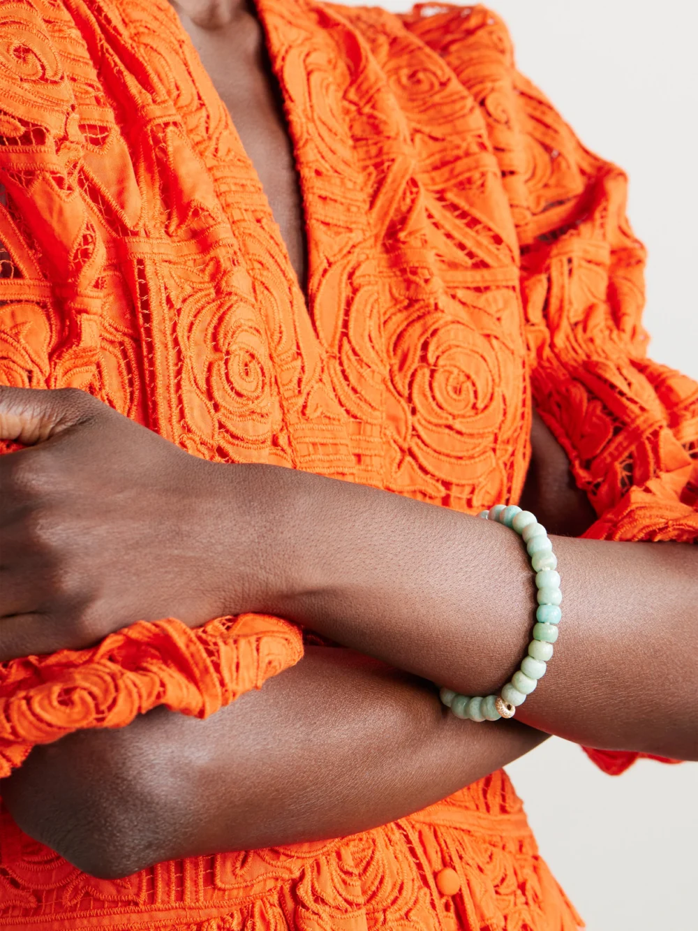 Carolina Bucci Forte Beads New York 18-karat Yellow and White Gold, Amazonite and Goldstone Bracelet, styled view