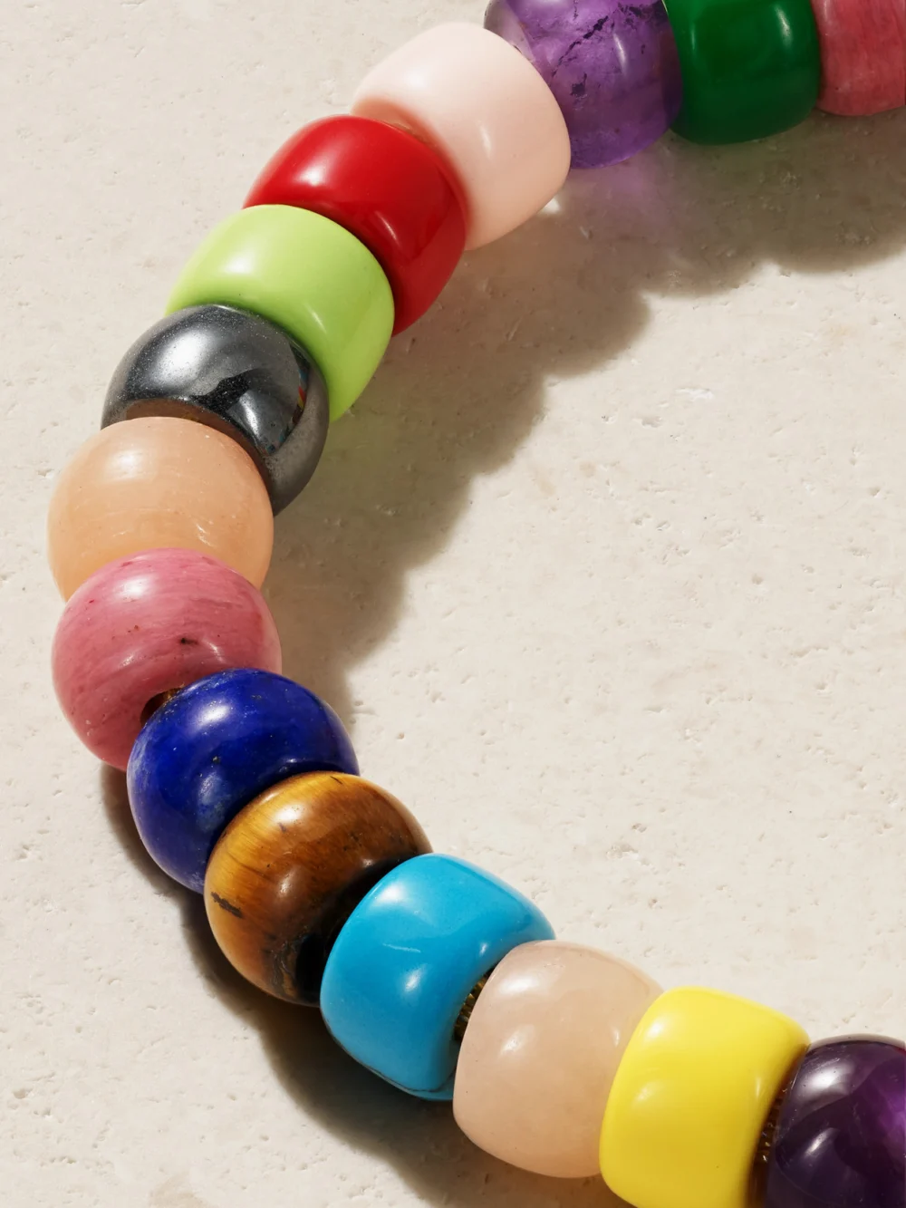 Close-up detail of the Carolina Bucci Forte Beads Rainbow 18-karat Gold and Lurex Multi-stone Bracelet Kit