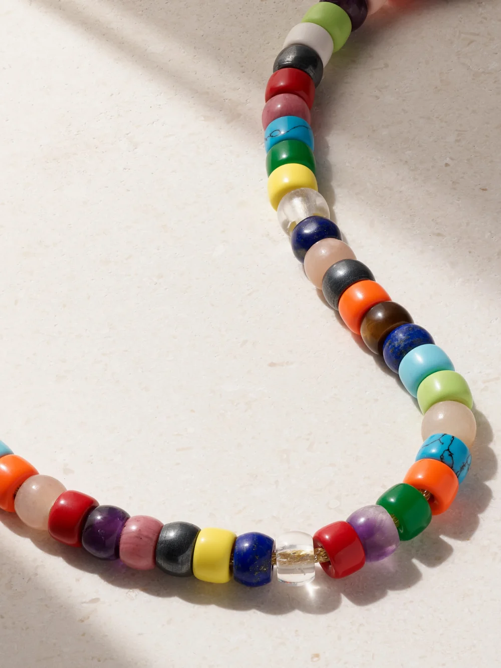 Close-up detail of the Carolina Bucci Forte Beads Rainbow 18-karat Gold and Lurex Multi-stone Necklace