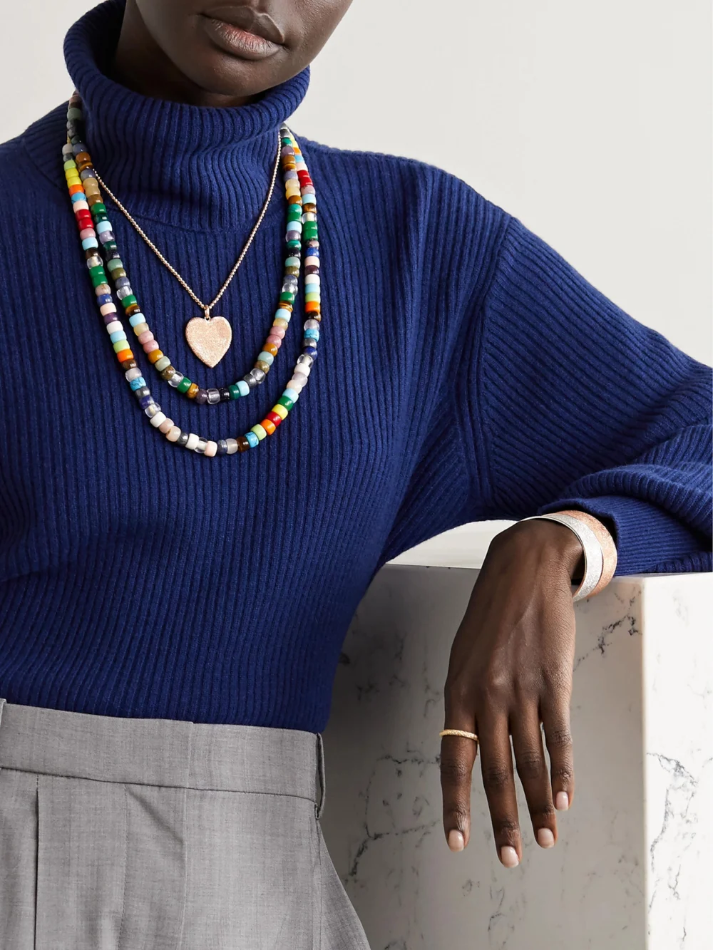 Carolina Bucci Forte Beads Rainbow 18-karat Gold and Lurex Multi-stone Necklace, styled view