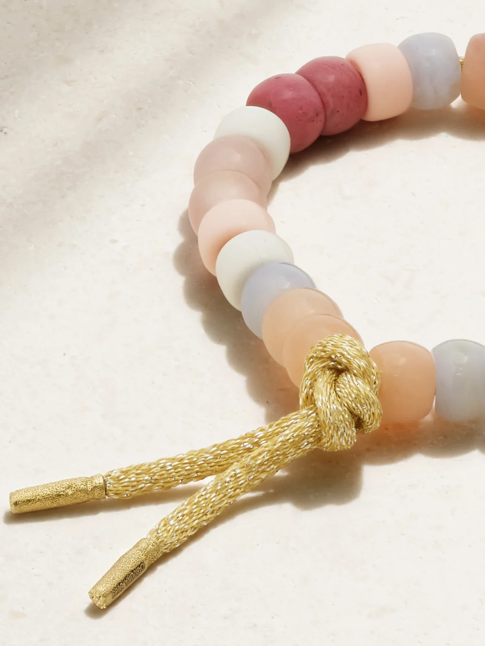 Back view of the Carolina Bucci + Loveshackfancy Forte Beads 18-karat Gold and Lurex Multi-stone Bracelet