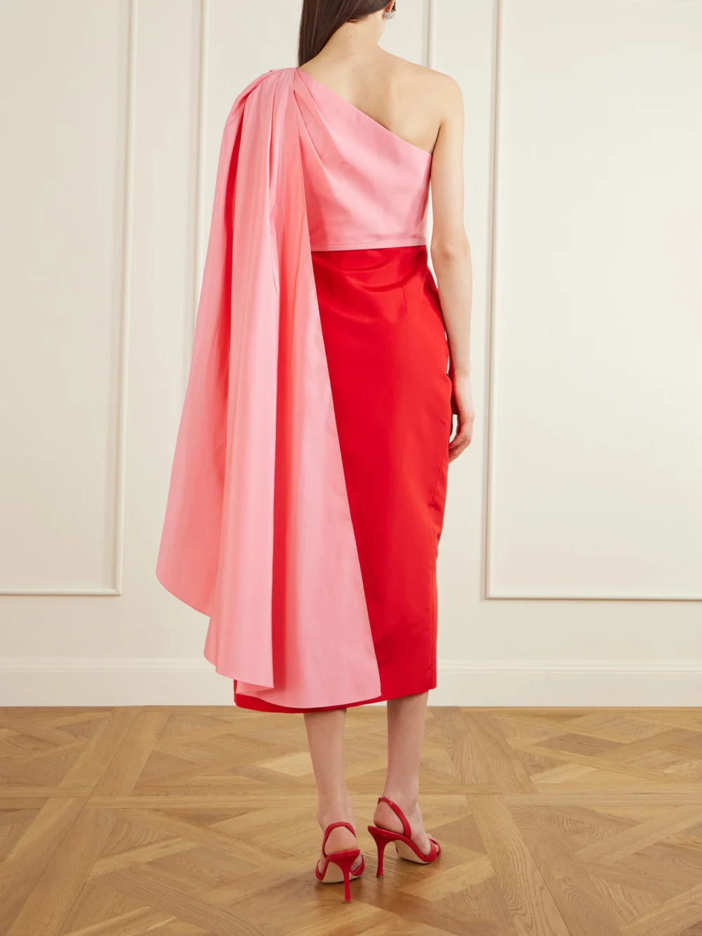 Back view of the Carolina Herrera Belted Color-block Silk-faille Midi Dress