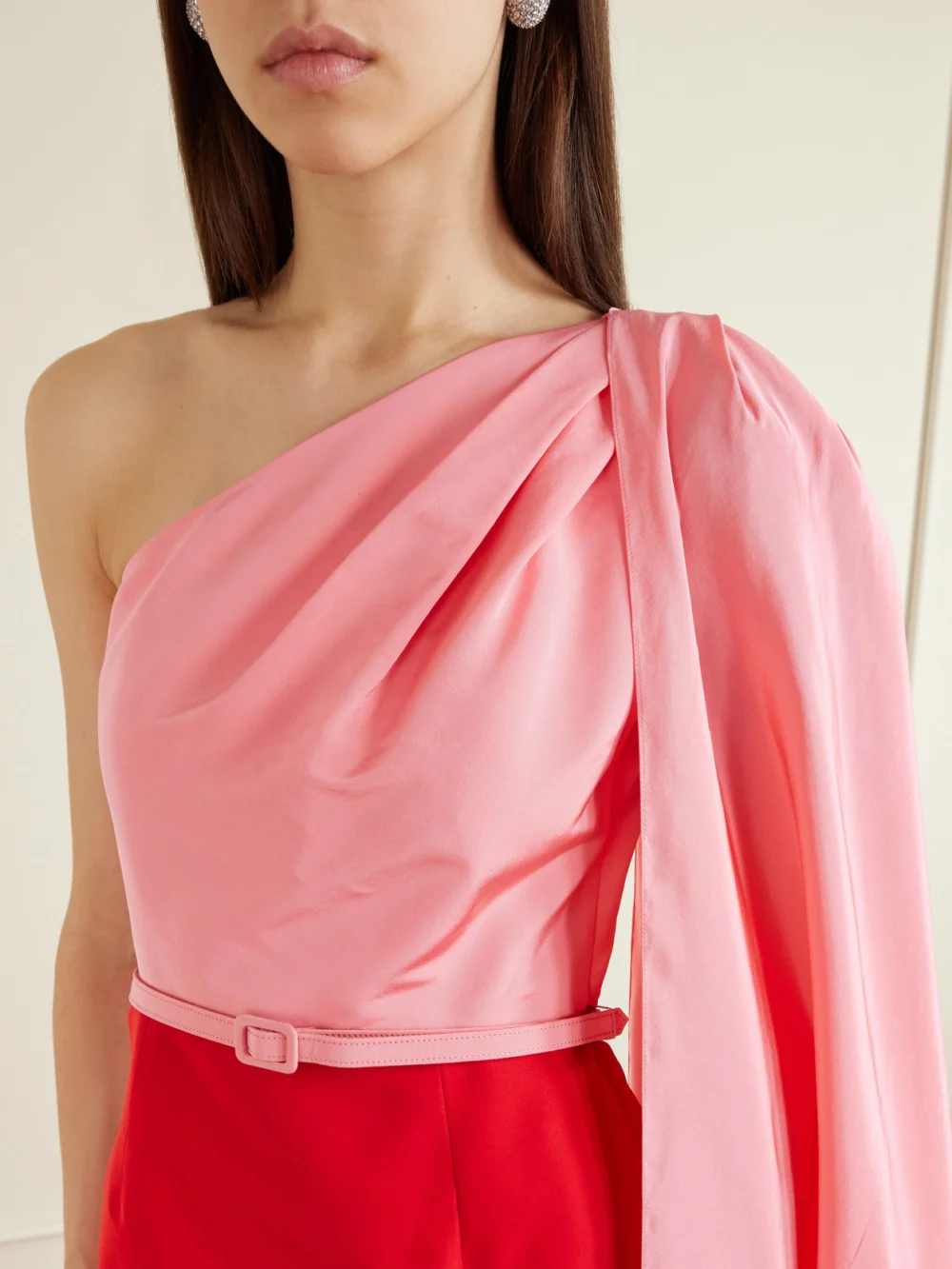 Close-up detail of the Carolina Herrera Belted Color-block Silk-faille Midi Dress